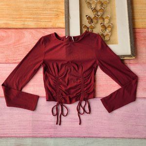 Princess Polly Burgundy Long Sleeve Underwire Twin Ruched Fitted Cropped Top 6US